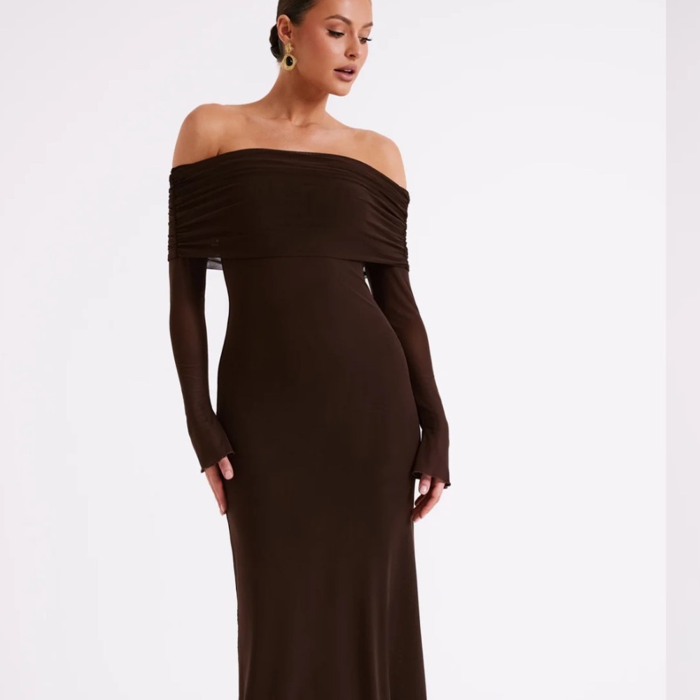 MESHKI - Josie Off Shoulder Mesh Maxi Dress - Dark Brown